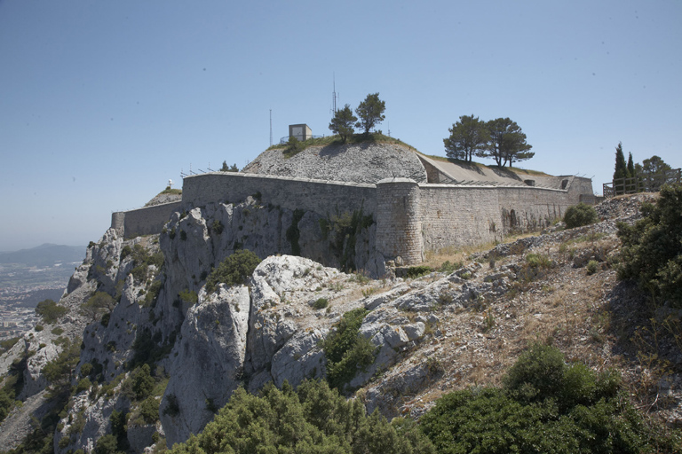 Enceinte : vue d'ensemble des fronts nord et ouest, dominés par les talus de parapet de la batterie haute.