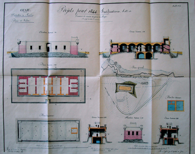 Projets pour 1844. Fortifications. Terminer la caserne du pas de la Masque. [Plans, coupes, élévations.] 