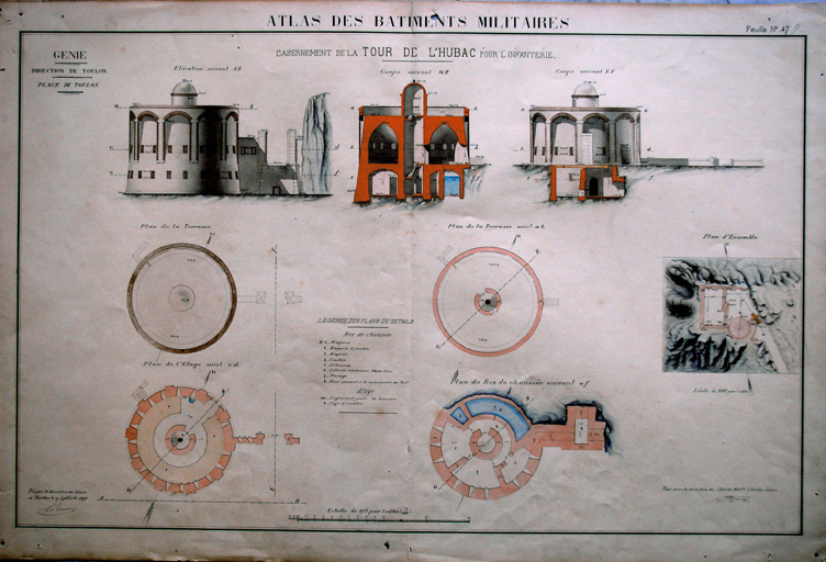 Atlas des bâtiments militaires. Casernement de la Tour de l'Hubac pour l'Infanterie. [Plans, coupe, élévations.] 1875.