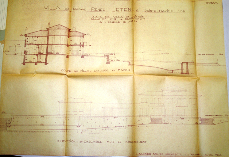 Villa de Madame Renée Leten à Sainte-Maxime. Var. Coupe sur villa, terrasse et bassin. Elévation d'ensemble mur de soutènement.