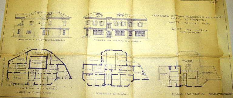 Propriété de Monsieur Sarraquigne Raoul Francis. Hôtel "La Frégate". Sainte-Maxime. Var. Etat des lieux. [Relevés effectués en 1944 de l'Hôtel La Frégate construit au début du 20e siècle.
