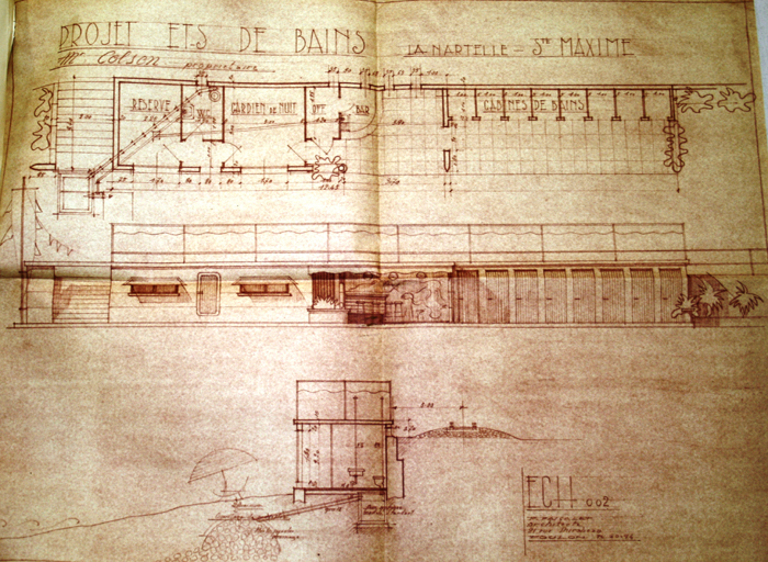 Projet éts de bains. La Nartelle. Ste Maxime. Mr Colson. [Plan. Coupe. Elévation. Permis de construire refusé.]