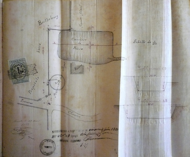 [Plan et coupe de la carrière de pierres située sur la propriété d'Antoine Puget, chauffournier, limitrophe des propriétés Barthélémy et Giraud]
