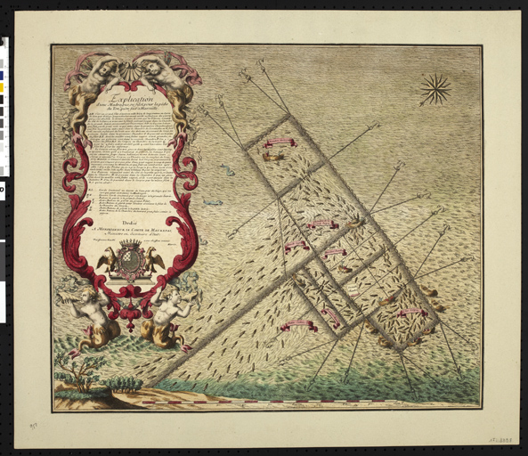 Explication d'une madrague ou filet de pêche au ton (sic) qu'on fait à Marseille dédiée à monsieur le comte de Maurepas, ministre secrétaire d'état par son très humble et très obéissant serviteur, Marin [Le plan ne représente pas le secteur mais un fonctionnement de la technique de pêche]