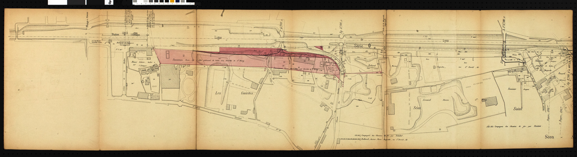 Chemin de fer de Paris Lyon et à la Méditerrrannée, ligne de la Joliette à l'Estaque. Commune de Marseille. Extrait du plan parcellaire dressé par l'ingénieur en chef soussigné (illisible) le 3 février 1876  [Plan de la gare de l'Estaque à Saint Henry, montrant notamment la partie de propriété de Sacoman Pierre dit l'Abbé aux Guérites, à exproprier pour l'élargissement de la voie et les tuileries Blanc Icard coté Estaque et celles de Sacoman, Arnaud, Rolland, Tamisier côté St Henry]
