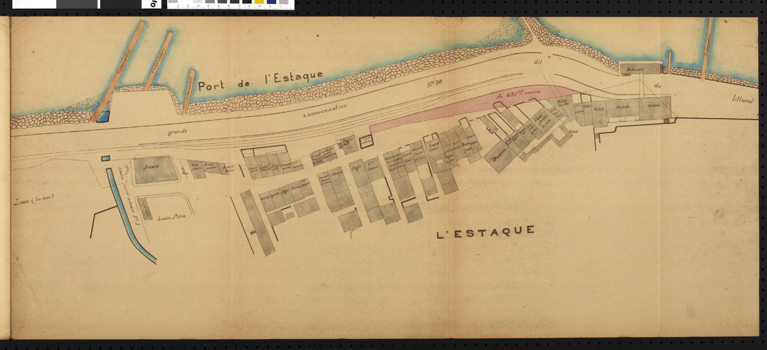 Compagnie des chemins de fer de Paris à Lyon et a la Méditerranée. Ligne de Miramas à l'Estaque. Plan parcellaire des terrain à acquérir dans la traversée de la commune de Marseille sur une longueur de 3585m 33. Dressé le 6 mars 1907 par A Delaly ingénieur de la compagnie
