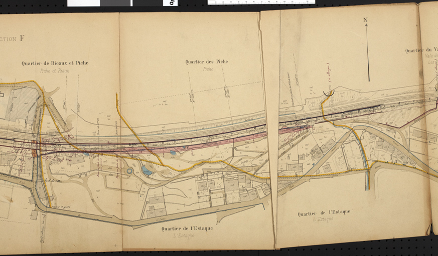 Doc. 01 - Compagnie des chemins de fer de Paris à Lyon et à la Méditerranée. Ligne de Miramas à l'Estaque. Plan parcellaire des terrain à acquérir dans la traversée de la commune de Marseille sur une longueur de 3585m 33. Dressé le 6 mars 1907 par A Delaly ingénieur de la compagnie. [Détail : du chemin de Piches au Vallat de Farrenc. A gauche, la villa Helvetia avec son parc].