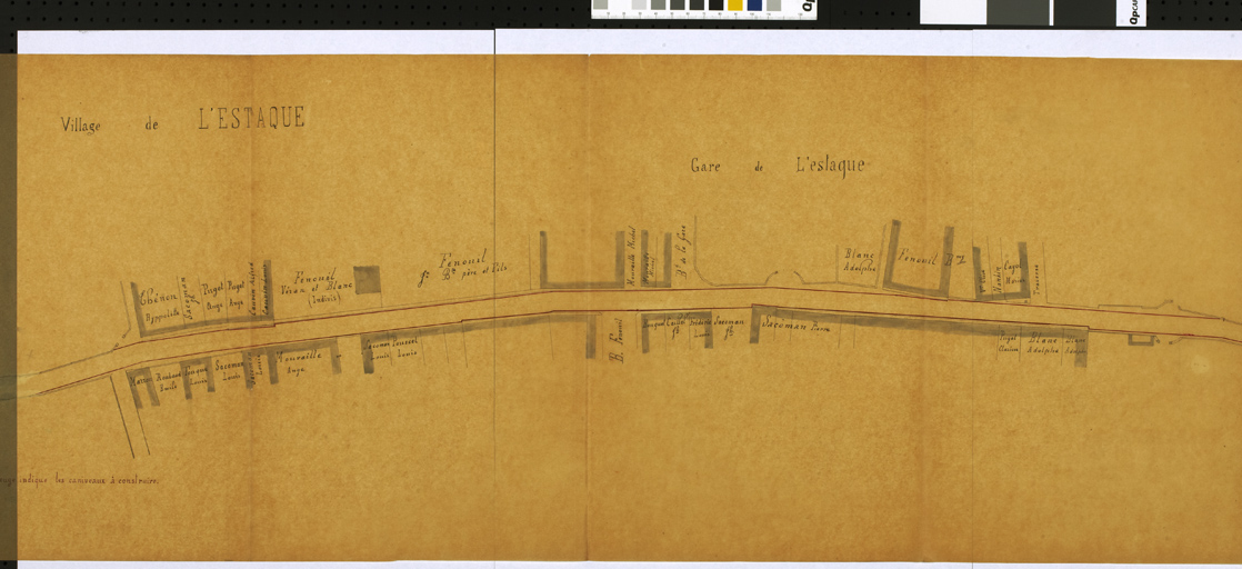 Chemin vicinal de Grande communication n°30  de Martigues à St Louis à Marseille. Projet de construction de caniveaux en pavés de grès dans la traversée des villages de St Louis, St André et St Henri et l'Estaque formant une longueur de 5820m. [extrait concernant le secteur de l'Estaque-Gare avec les noms des propriétaires et les propriétés bâties limitrophes de la voirie] 6 mai 1885