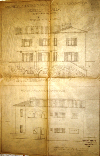 Messieurs Entressangle à Sainte-Maxime (Var). Projet de villa. Façade sur la mer. Façade sur la route nationale. [La Croisette. Villa construite en 1926 par l'architecte Henri Senft.]
