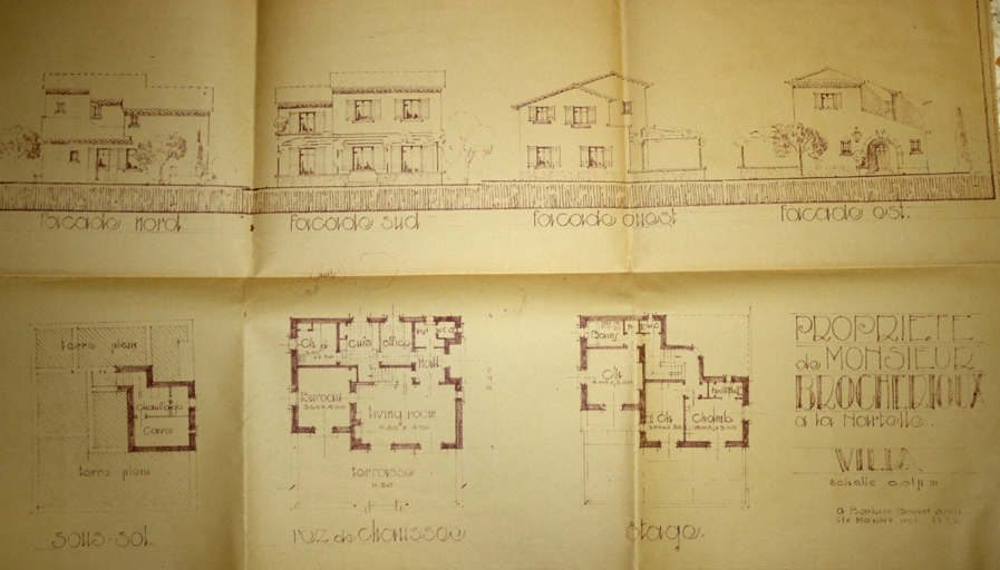 Propriété de Monsieur Brocherioux à La Nartelle. Villa. Façade nord. Façade sud. Façade ouest. Façade est. Sous-sol. Rez-de-chaussée. Etage.