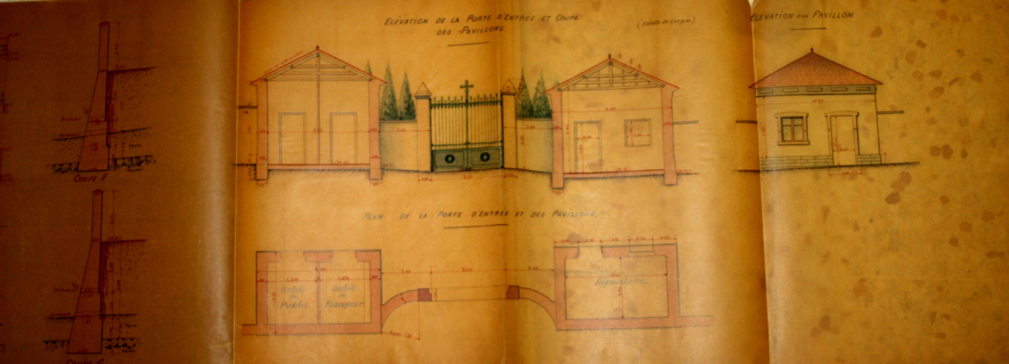 Elévation de la porte d'entrée et coupe des pavillons. Elévation d'un pavillon. Plan de la porte d'entrée et des pavillons. 