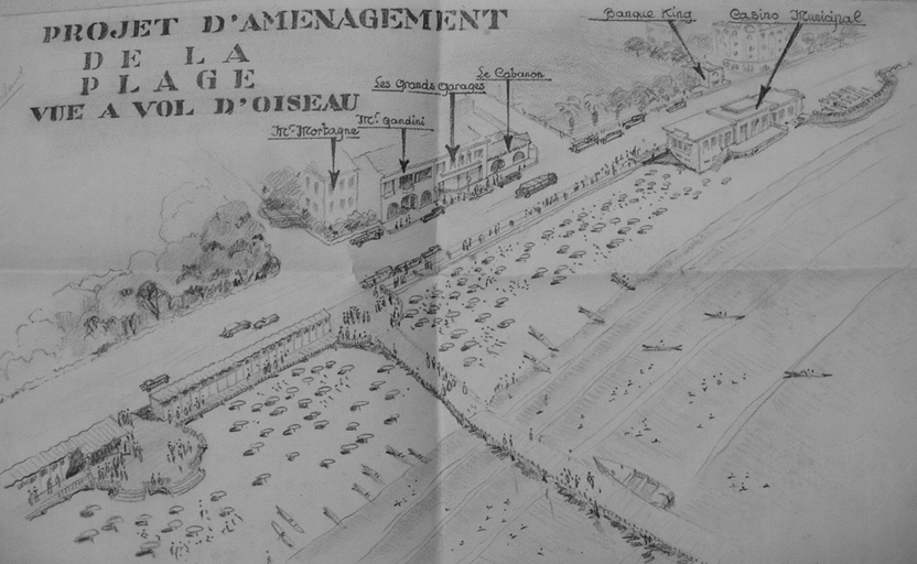 Projet d'aménagement de la plage. Vue à vol d'oiseau. [Projet des années 1930.]