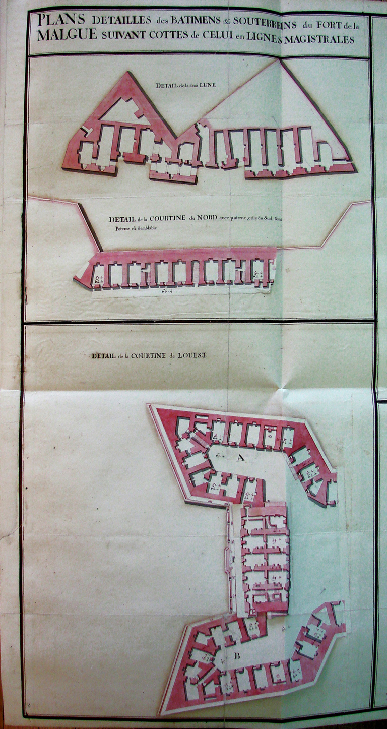 Plans detailles des batimens & souterreins du Fort de la Malgue suivant cottes de celui en lignes magistrales. 1775.