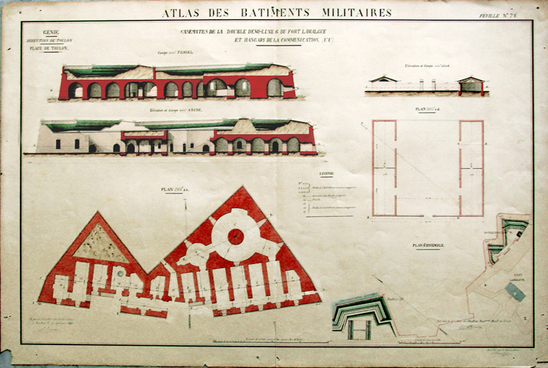 Atlas des bâtiments militaires. Casemates de la double demi-lune 6 du Fort Lamalgue et hangars de la communication. 1875.