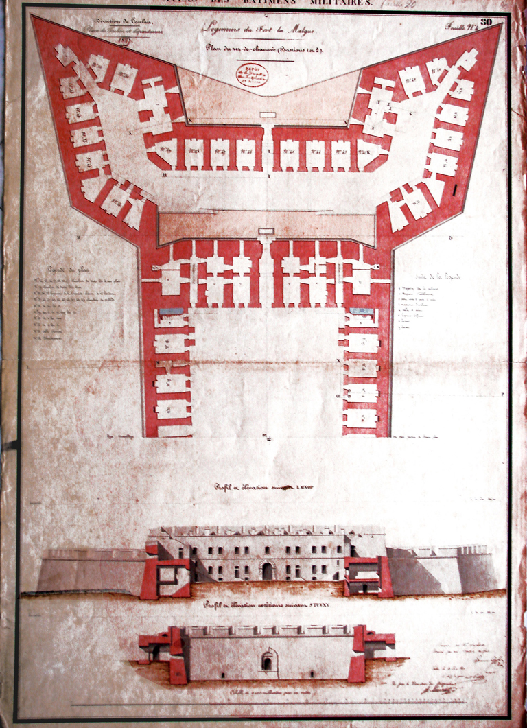Atlas des bâtiments militaires. Logements du Fort la Malgue : plan du rez-de-chaussée ; profil en élévation. 1827.