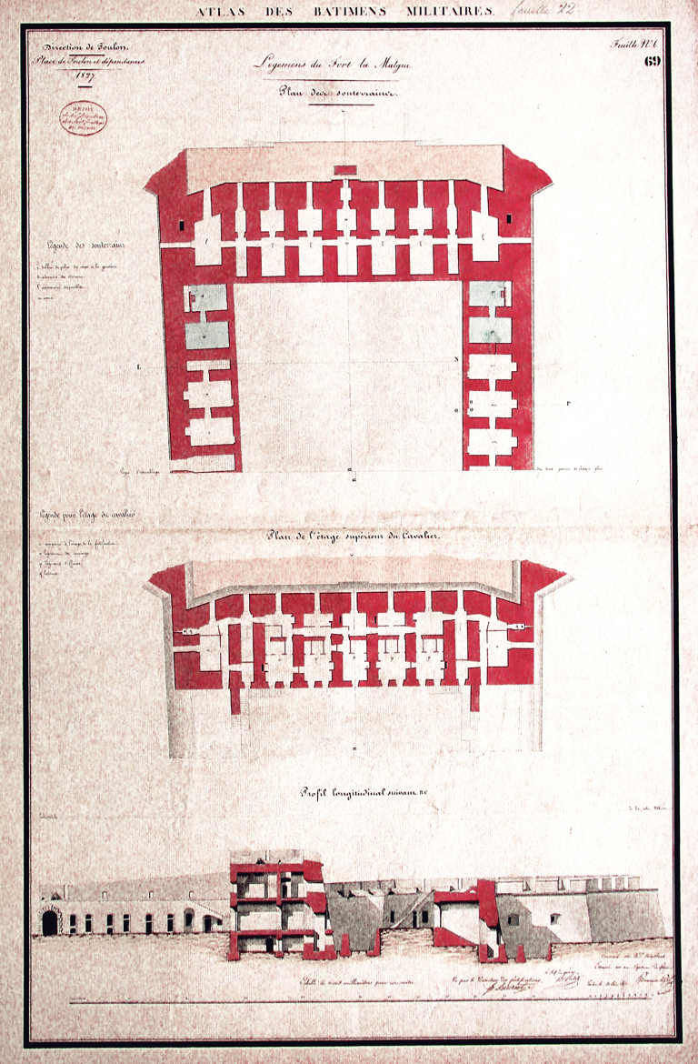 Atlas des bâtiments militaires. Logemens du Fort la Malgue : plan des souterrains. Plan de l'étage supérieur du Cavalier. Profil longitudinal. 1827.