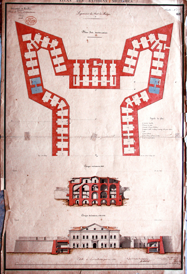 Atlas des bâtiments militaires. [Fort Lamalgue]. Plan des souterrains. Coupes, 1827.