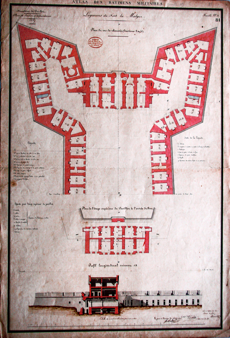 Atlas des bâtiments militaires. Logemens du Fort la Malgue : plan du rez-de-chaussée, plan de l'étage supérieur du Pavillon à l'entrée du Fort. 1827.