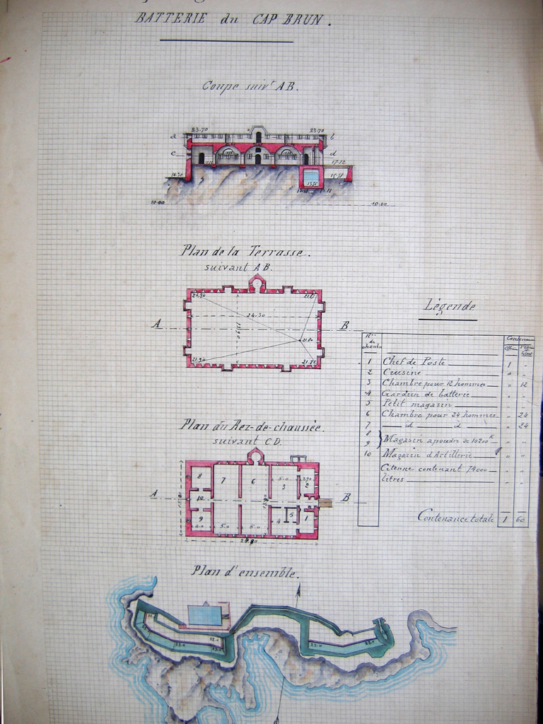 Batterie du Cap Brun, 1880. Plan d'ensemble, plan du rez-de-chaussée, plan de la terrasse, coupe suivant AB.