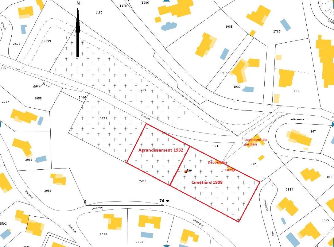 Plan-masse et de situation. D'après le plan cadastral 2012, section F5.
