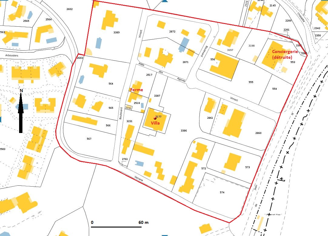 Plan-masse et de situation du domaine avant son lottissement en 1926. D'après le plan cadastral 2012, section F5.