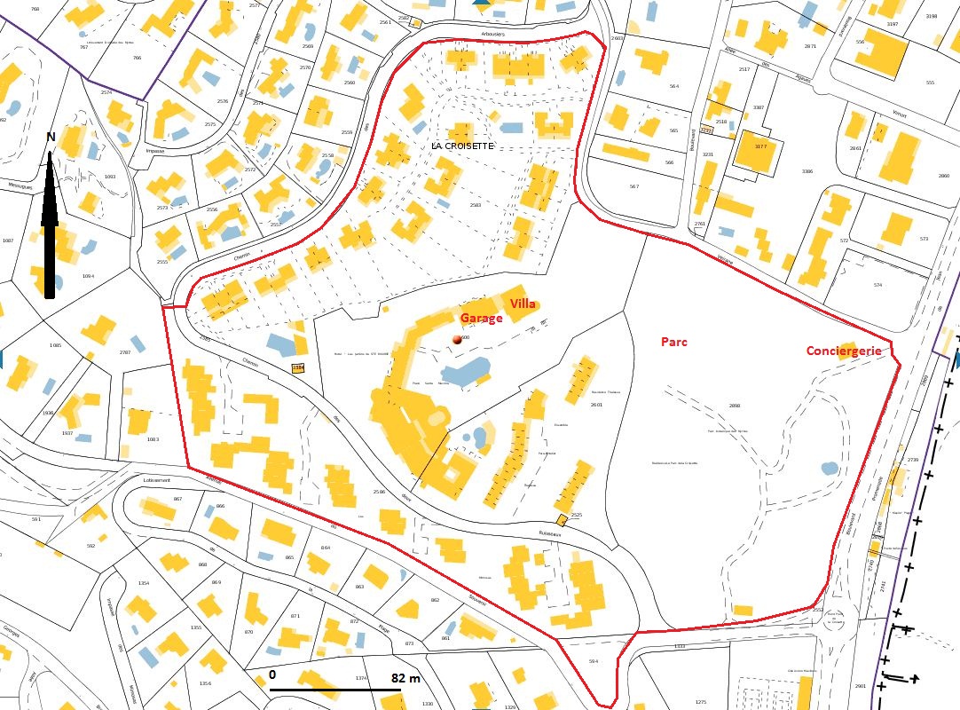 Plan-masse et de situation. D'après le plan cadastral 2012, section F5.