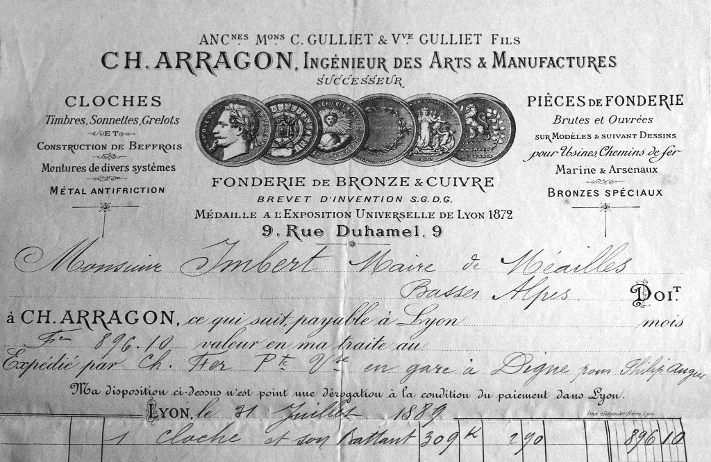 Facture pour l'achat d'une cloche, 1889.