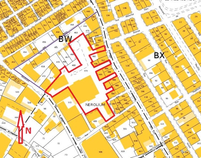 parfumerie (distillerie de fleurs de bigarradier) de la coopérative Nerolium - D'après le plan cadastral de 2015, section BW, parcelle 474. Echelle d'origine 1/1000e.