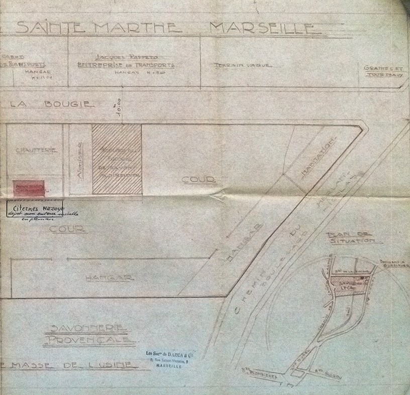 Savonnerie Leca. Chemin de Sainte-Marthe à Marseille. Plan d'ensemble et de masse de l'usine. [Plan de la rive gauche].