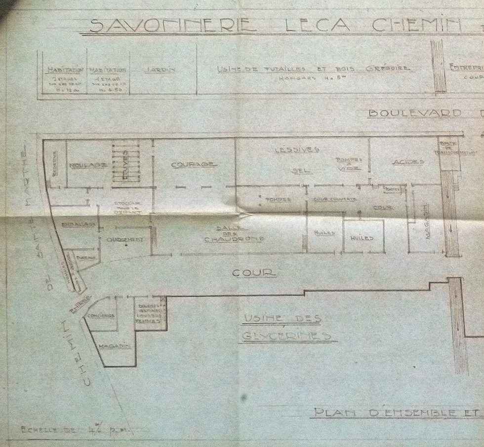 Savonnerie Leca. Chemin de Sainte-Marthe à Marseille. Plan d'ensemble et de masse de l'usine. [Détail de la savonnerie].