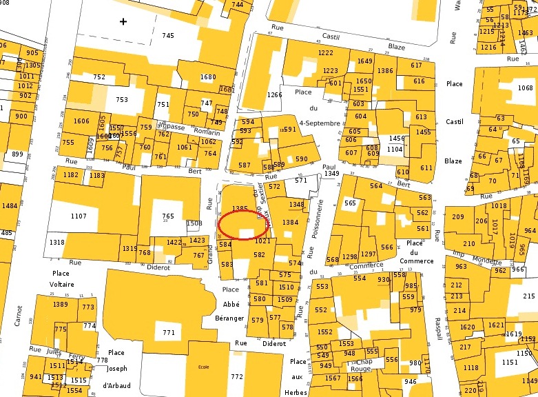 Plan de situation de l'emplacement de la 5e maison d'après le cadastre moderne de 2014, section CK, parcelle 1385