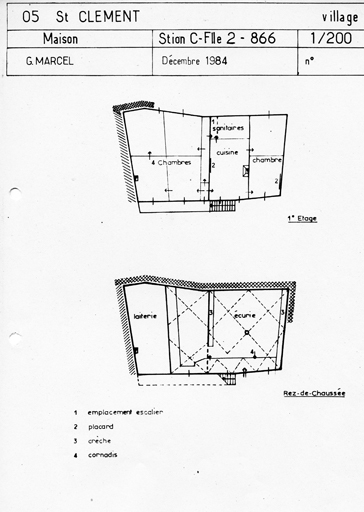 Saint-Clément, maison. Plans par niveaux. G. Marcel, décembre 1984, éch. 1/200e.