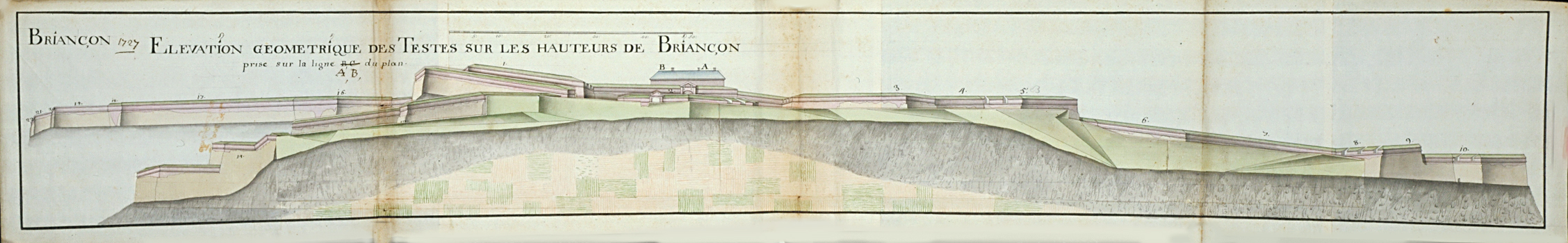 Briançon 1727. Elévation géométrique des Testes sur les hauteurs de Briançon prise sur la ligne A, B, du plan. 1727