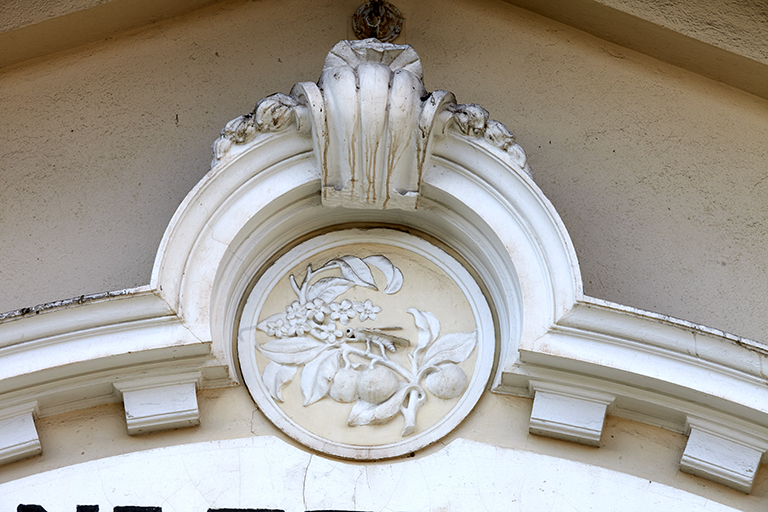 Détail des moulures ornant l'entrée : une abeille sur une branche de bigaradier portant des fleurs et des fruits.