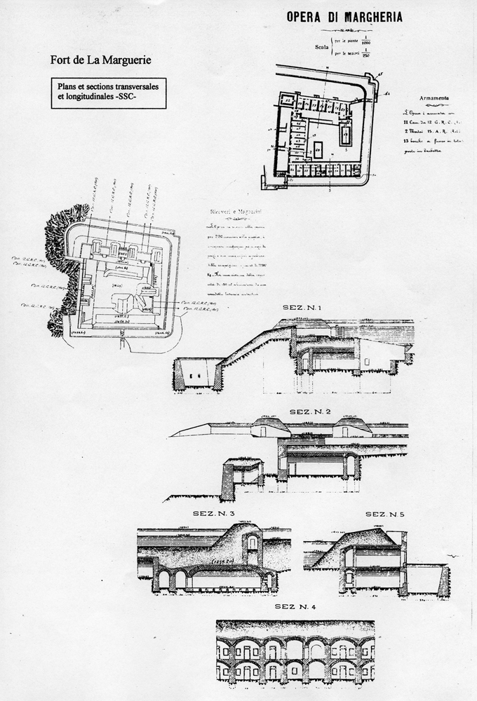 Fascicolo contenente il piano d'insieme [...] del Colle di Tenda [Document contenant le plan d'ensemble [...] du Col de Tende]. Détail : opera di Margheria [plans et coupes des magasins et de l'armement du fort de la Marguerie].