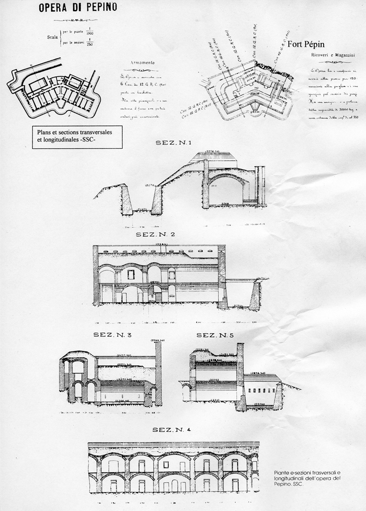 Fascicolo contenente il piano d'insieme [...] del Colle di Tenda [Document contenant le plan d'ensemble [...] du Col de Tende]. Détail : piante e sezioni trasversali e longitudinali dell'opera del Pepino. SSC. [plans et sections transversales et longitudinales du fort Pépin].