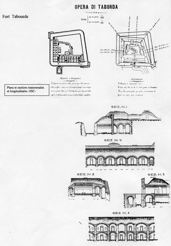 Fascicolo contenente il piano d'insieme [...] del Colle di Tenda [Document contenant le plan d'ensemble [...] du Col de Tende]. Détail : opera di Taborda [plans et sections des magasins et de l'armement du fort Tabourde].