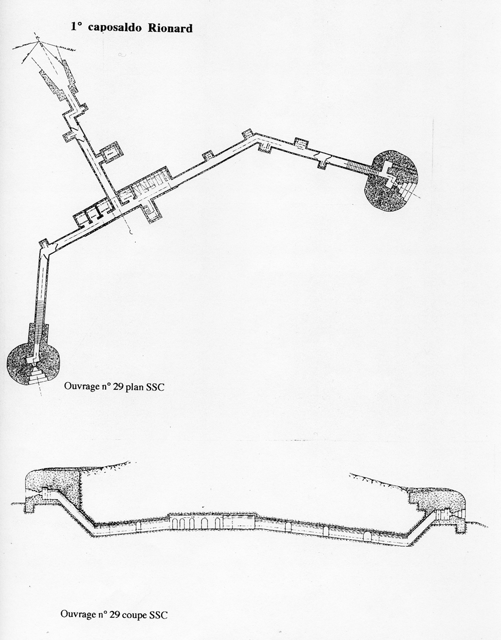 Fascicolo contenente il piano d'insieme [...] del Colle di Tenda [Document contenant le plan d'ensemble [...] du Col de Tende]. Détail : 1° caposaldo Rionard [ouvrage 29 : plan et coupe].