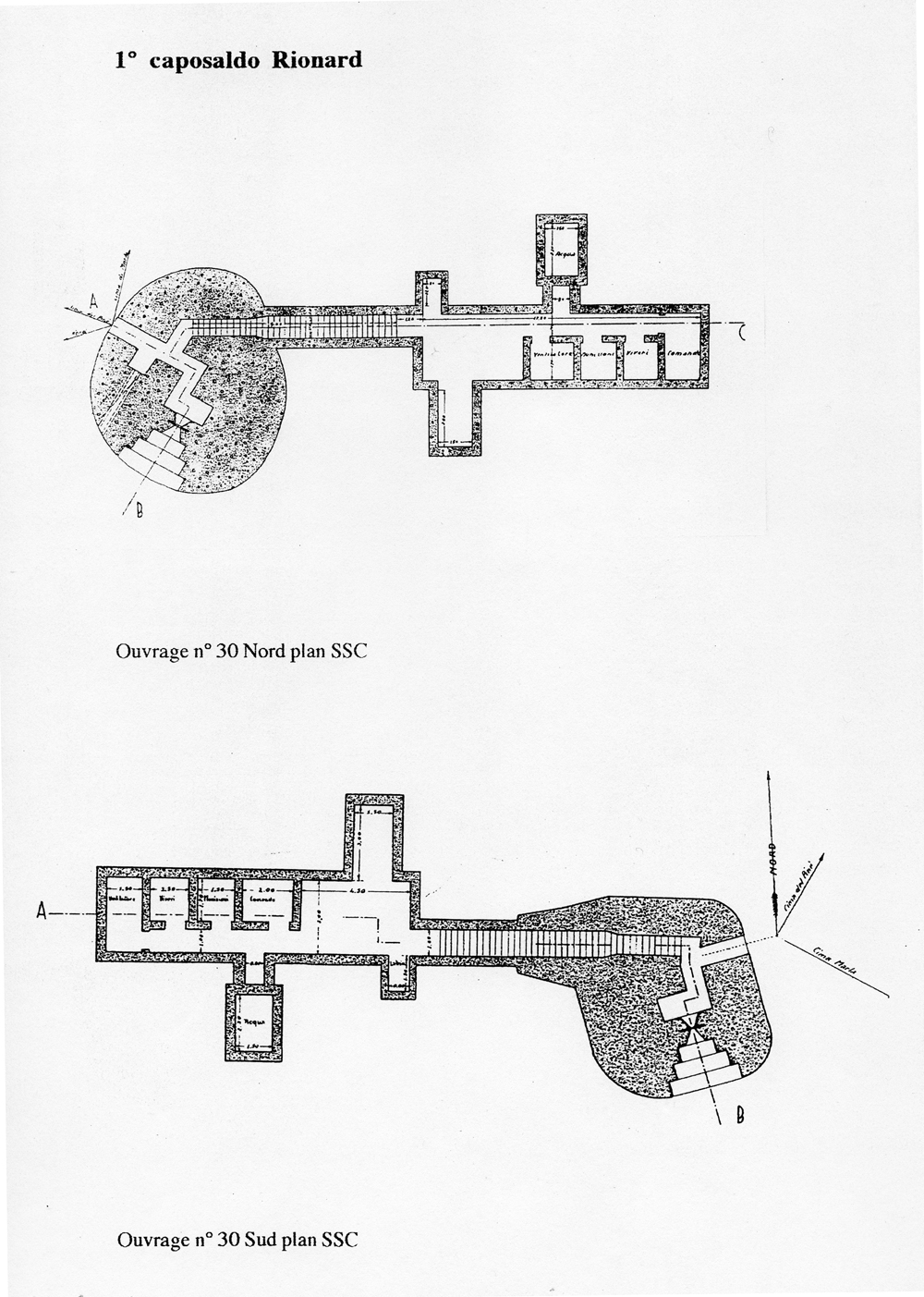 Fascicolo contenente il piano d'insieme [...] del Colle di Tenda [Document contenant le plan d'ensemble [...] du Col de Tende]. Détail : 1° caposaldo Rionard [ouvrage 30 nord et ouvrage 30 sud : plans].