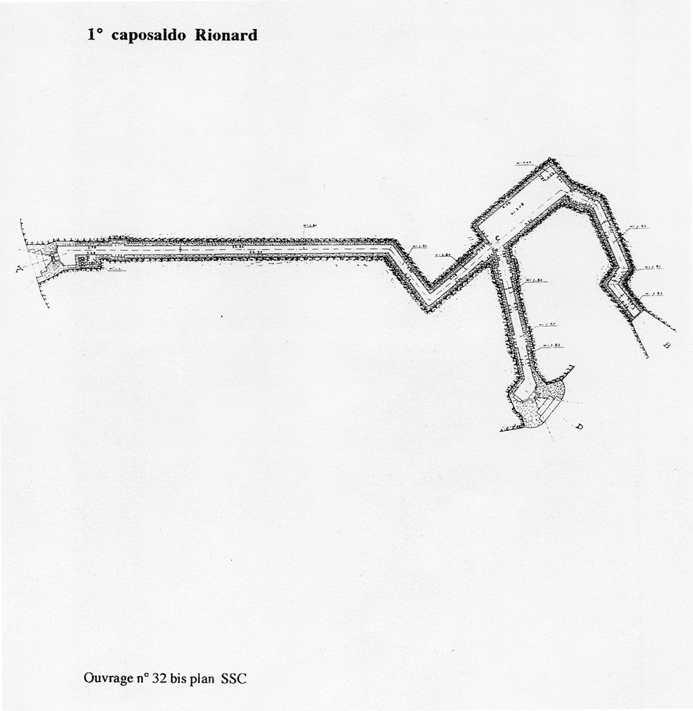 Fascicolo contenente il piano d'insieme [...] del Colle di Tenda [Document contenant le plan d'ensemble [...] du Col de Tende]. Détail : 1° caposaldo Rionard [ouvrage 32 bis : plan].