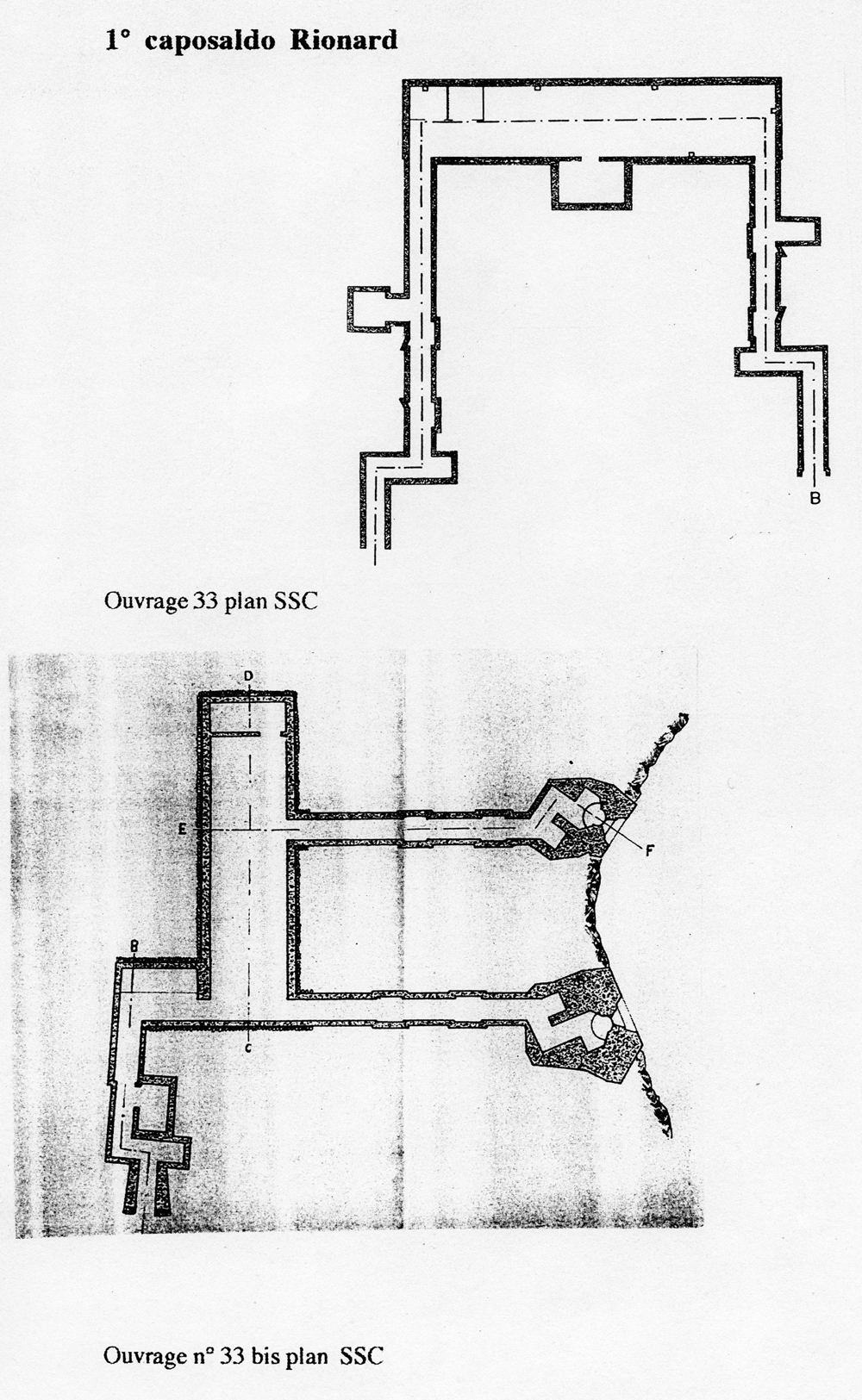 Fascicolo contenente il piano d'insieme [...] del Colle di Tenda [Document contenant le plan d'ensemble [...] du Col de Tende]. Détail : 1° caposaldo Rionard [ouvrages 33 et 33 bis : plans].