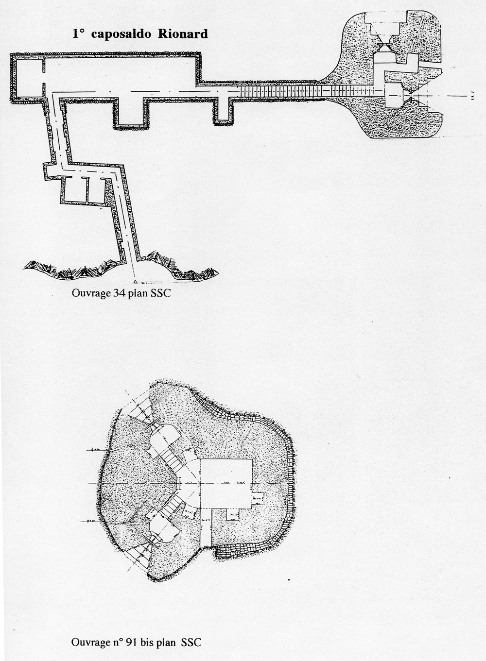 Fascicolo contenente il piano d'insieme [...] del Colle di Tenda [Document contenant le plan d'ensemble [...] du Col de Tende]. Détail : 1° caposaldo Rionard [ouvrages 34 et 91 bis : plans].