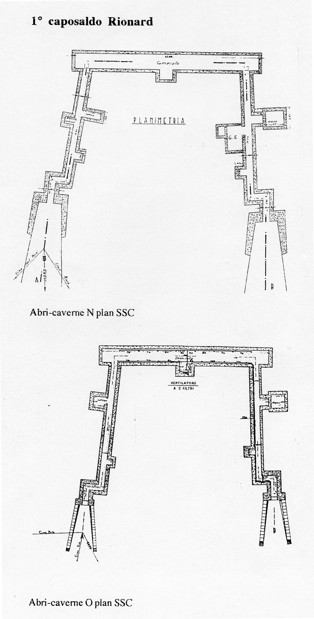 Fascicolo contenente il piano d'insieme [...] del Colle di Tenda [Document contenant le plan d'ensemble [...] du Col de Tende]. Détail : 1° caposaldo Rionard [abris-cavernes N et O : plans].