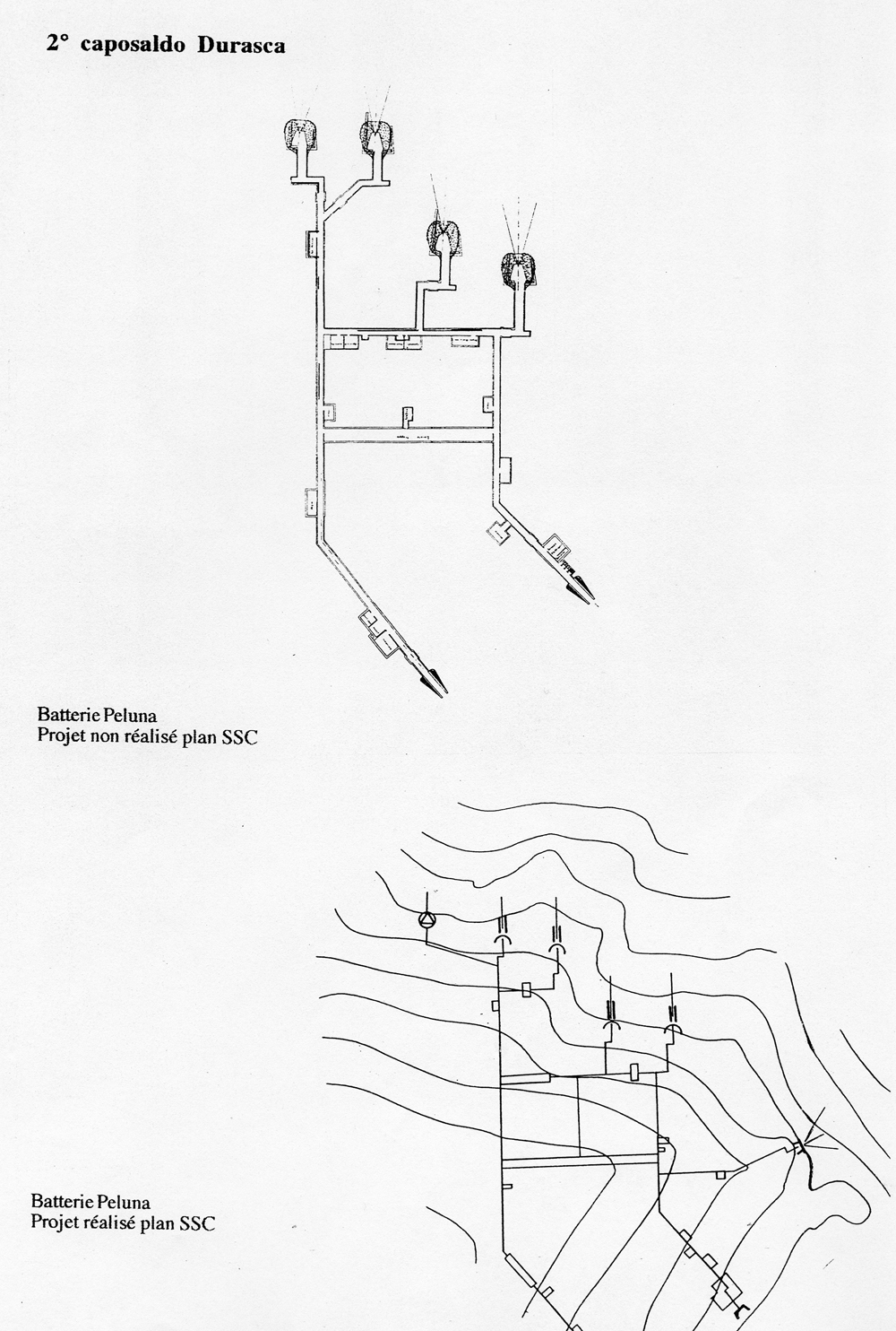 Fascicolo contenente il piano d'insieme [...] del Colle di Tenda [Document contenant le plan d'ensemble [...] du Col de Tende]. Détail : 2° caposaldo Durasca [batterie Peluna : plans de projets].