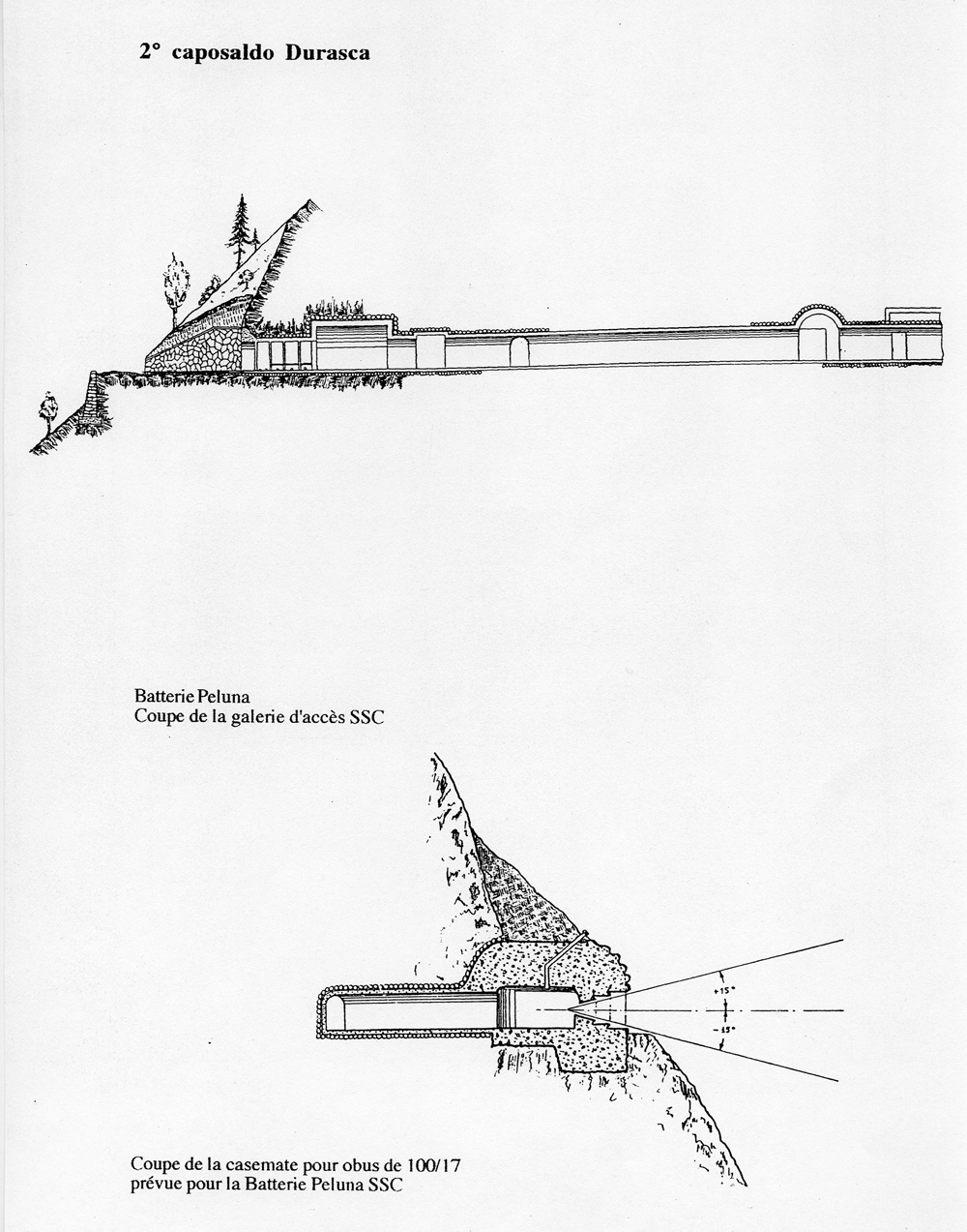 Fascicolo contenente il piano d'insieme [...] del Colle di Tenda [Document contenant le plan d'ensemble [...] du Col de Tende]. Détail : 2° caposaldo Durasca [batterie Peluna : coupes de la galerie d'accès et de la casemate pour obus].