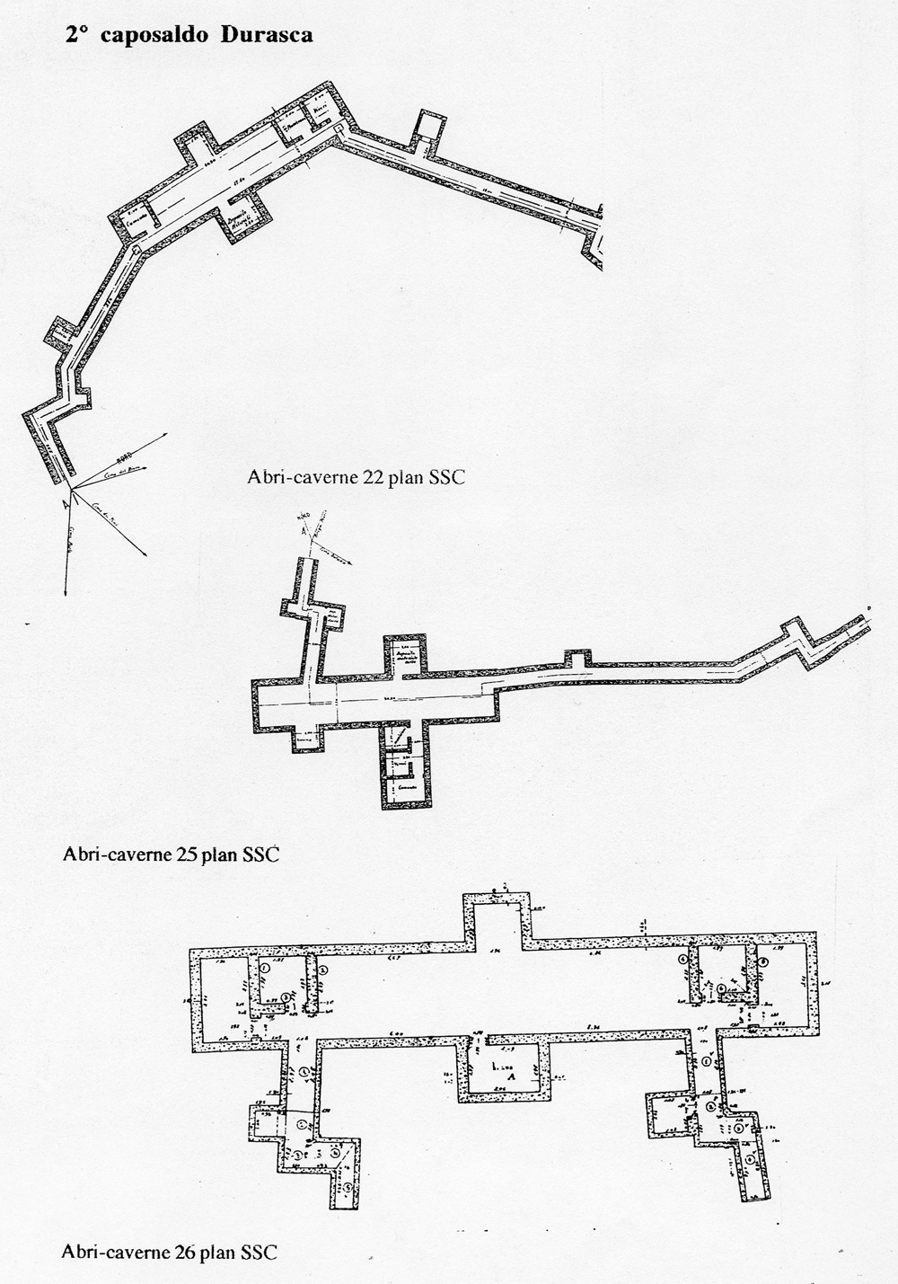 Fascicolo contenente il piano d'insieme [...] del Colle di Tenda [Document contenant le plan d'ensemble [...] du Col de Tende]. Détail : 2° caposaldo Durasca [abris-cavernes 22, 25 et 26 : plans].