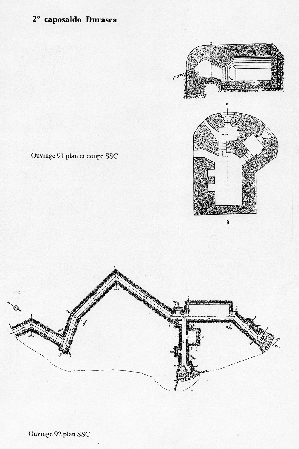Fascicolo contenente il piano d'insieme [...] del Colle di Tenda [Document contenant le plan d'ensemble [...] du Col de Tende]. Détail : 2° caposaldo Durasca [ouvrage 91 : plan et coupe, ouvrage 92 : plan].