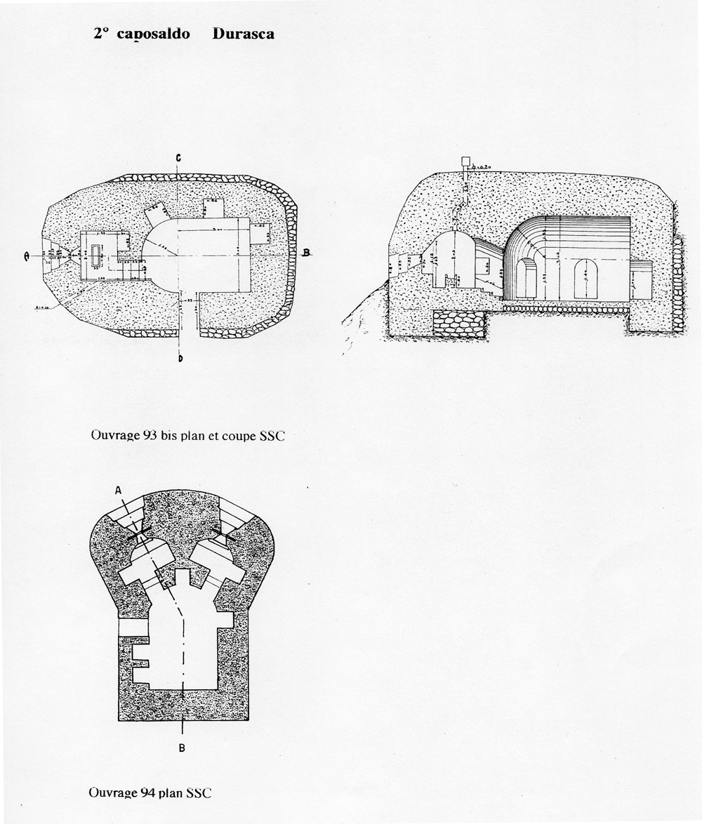 Fascicolo contenente il piano d'insieme [...] del Colle di Tenda [Document contenant le plan d'ensemble [...] du Col de Tende]. Détail : 2° caposaldo Durasca [ouvrage 93 bis : plan et coupe, ouvrage 94 : plan].