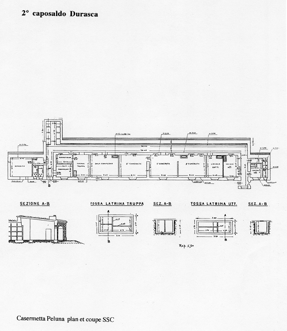 Fascicolo contenente il piano d'insieme [...] del Colle di Tenda [Document contenant le plan d'ensemble [...] du Col de Tende]. Détail : 2° caposaldo Durasca [casermatta Peluna : plan et coupe].