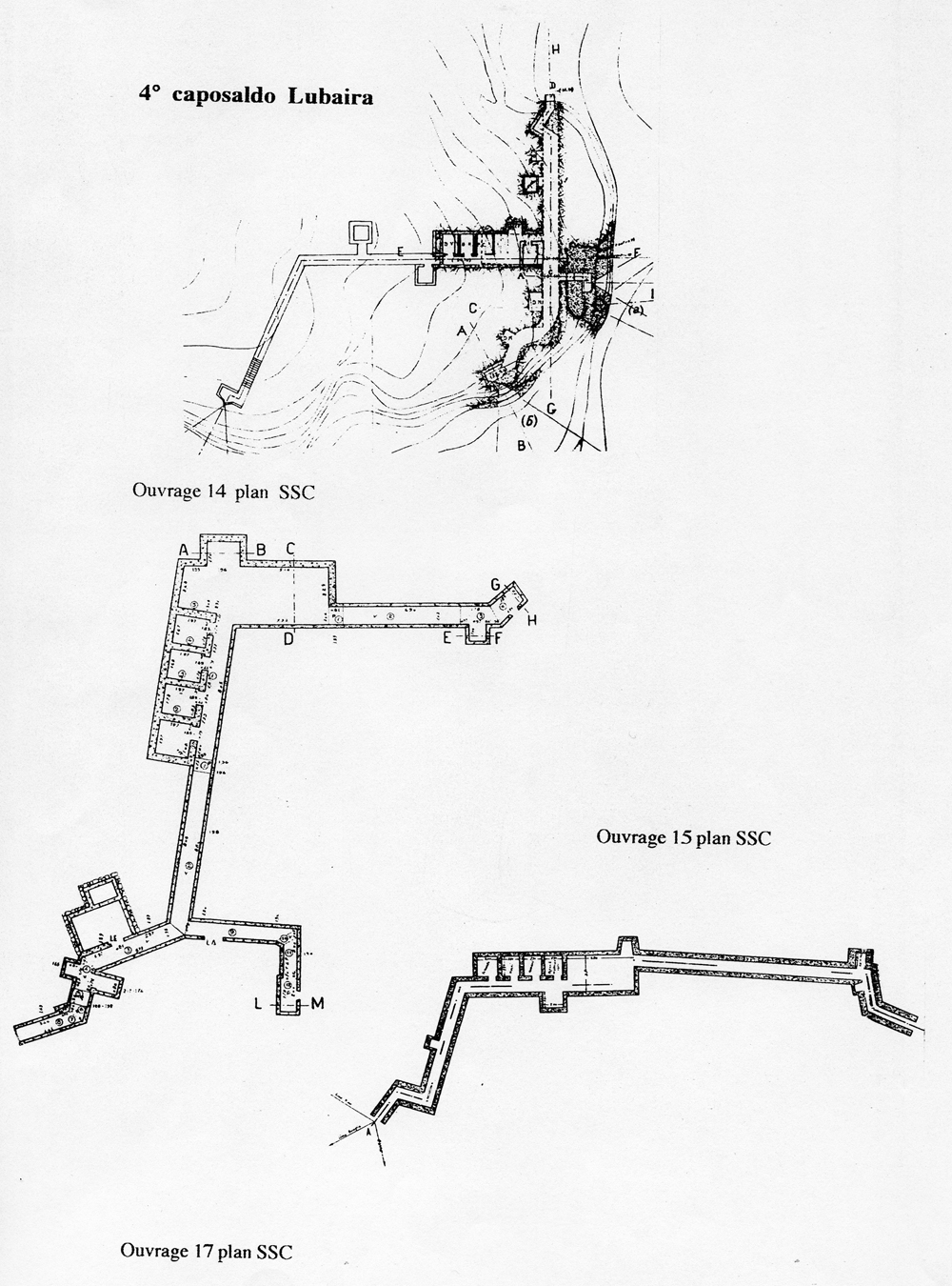 Fascicolo contenente il piano d'insieme [...] del Colle di Tenda [Document contenant le plan d'ensemble [...] du Col de Tende]. Détail : 4° caposaldo Lubaira [ouvrages 14, 15 et 17 : plans].